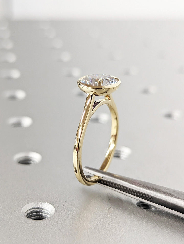 Round bezel lab grown diamond ring fitted on finger