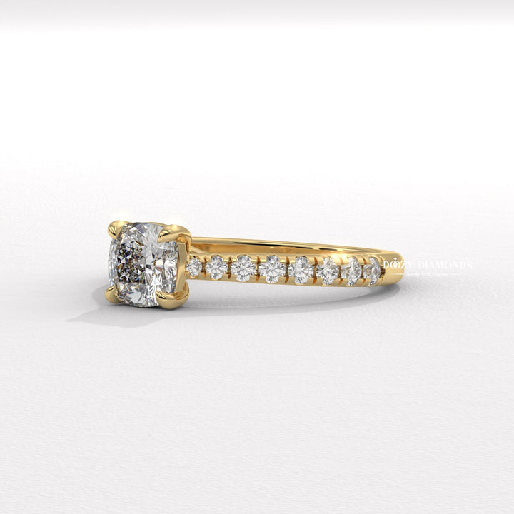 Detailed close-up of cushion solitaire diamond engagement ring