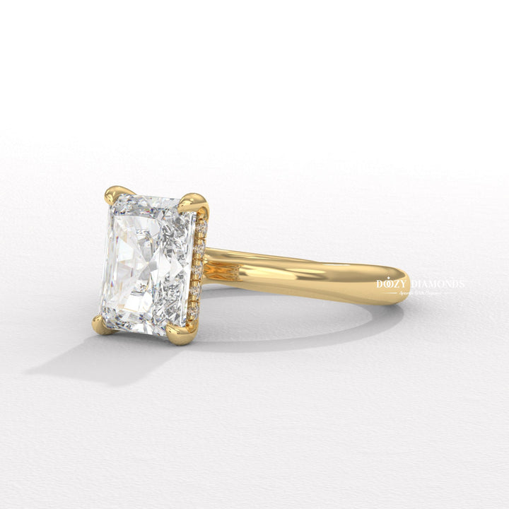 Radiant hidden halo lab grown diamond ring side profile in gold setting