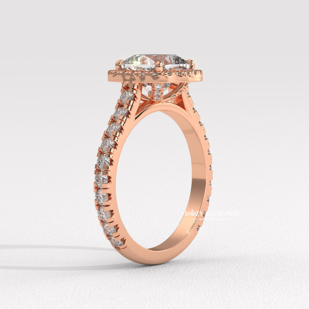Cushion halo engagement ring close-up showing high clarity diamond clarity