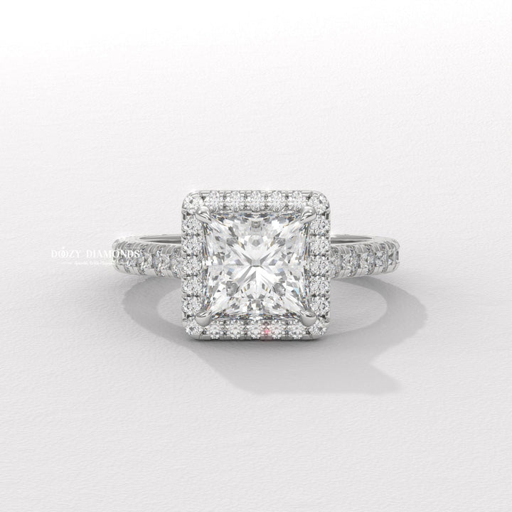 Princess pave engagement ring viewed from the side