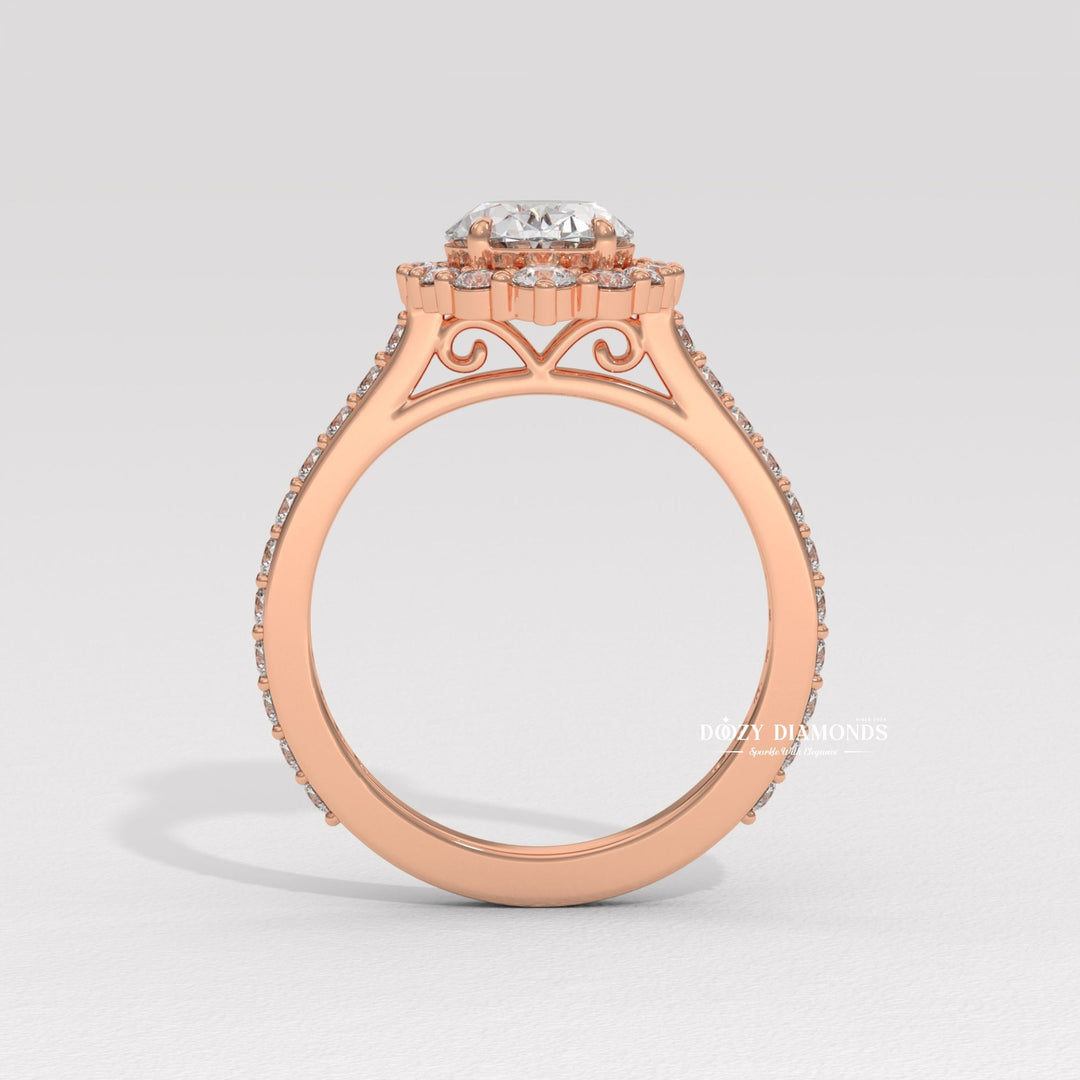 Oval cut halo engagement ring shown in real-life wear