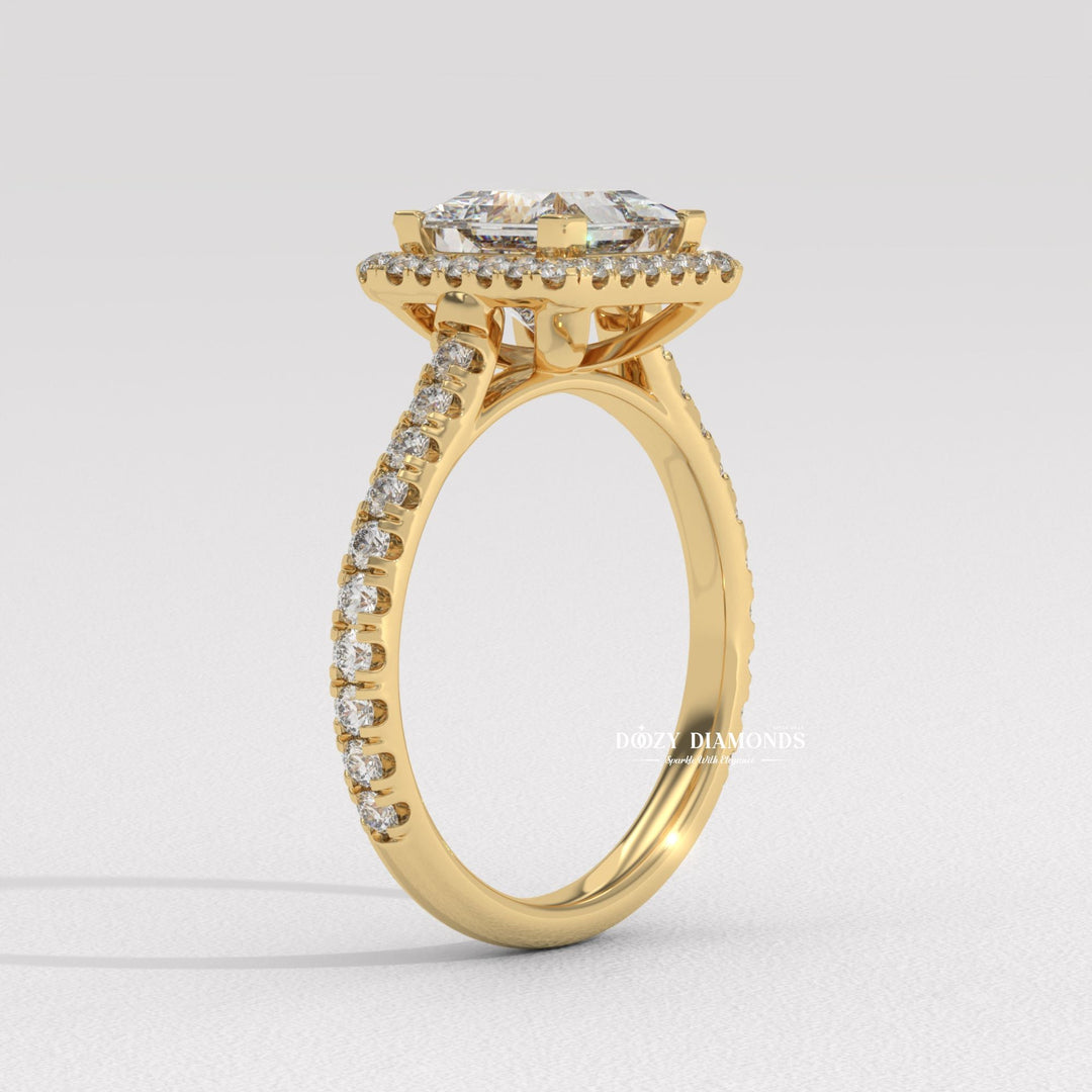 Certified princess cut diamond featured in halo engagement ring