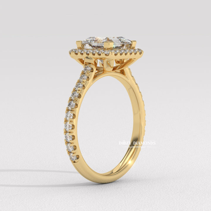 Certified princess cut diamond featured in halo engagement ring