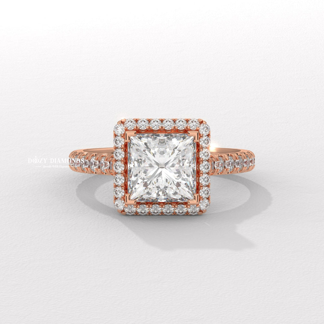 Princess halo diamond ring presented in signature gift packaging