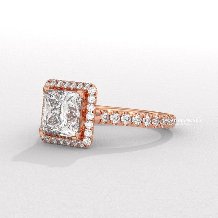 Princess halo engagement ring with IGI certificate and packaging