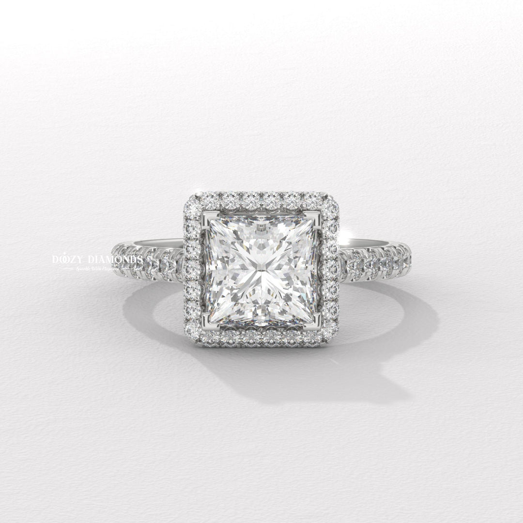 Princess halo diamond engagement ring available in multiple metals