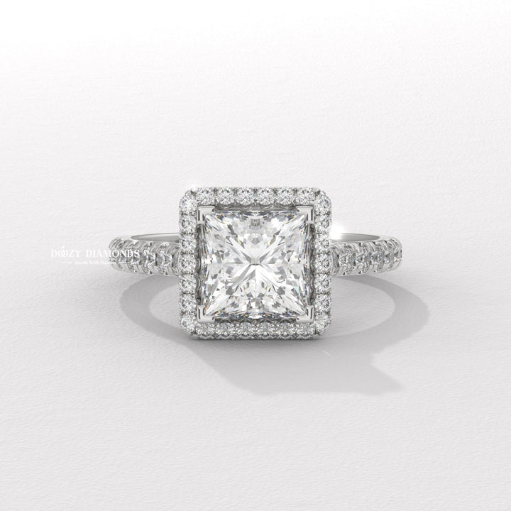 Princess halo diamond engagement ring available in multiple metals
