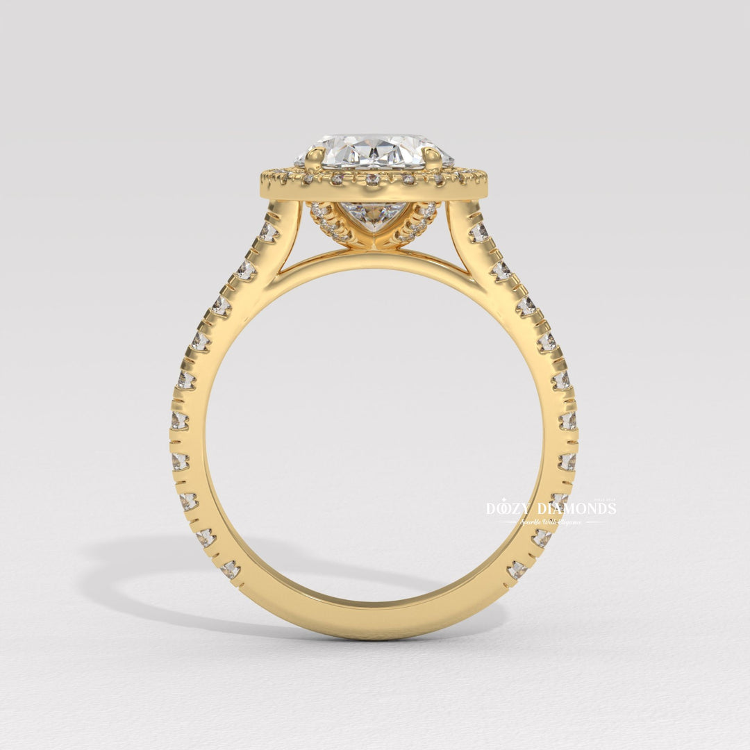 Oval halo lab grown diamond ring in jewelry gift box