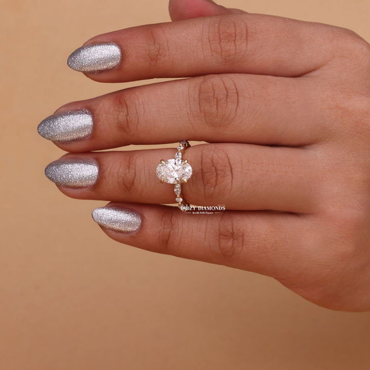Oval cut engagement ring side view showing band detail