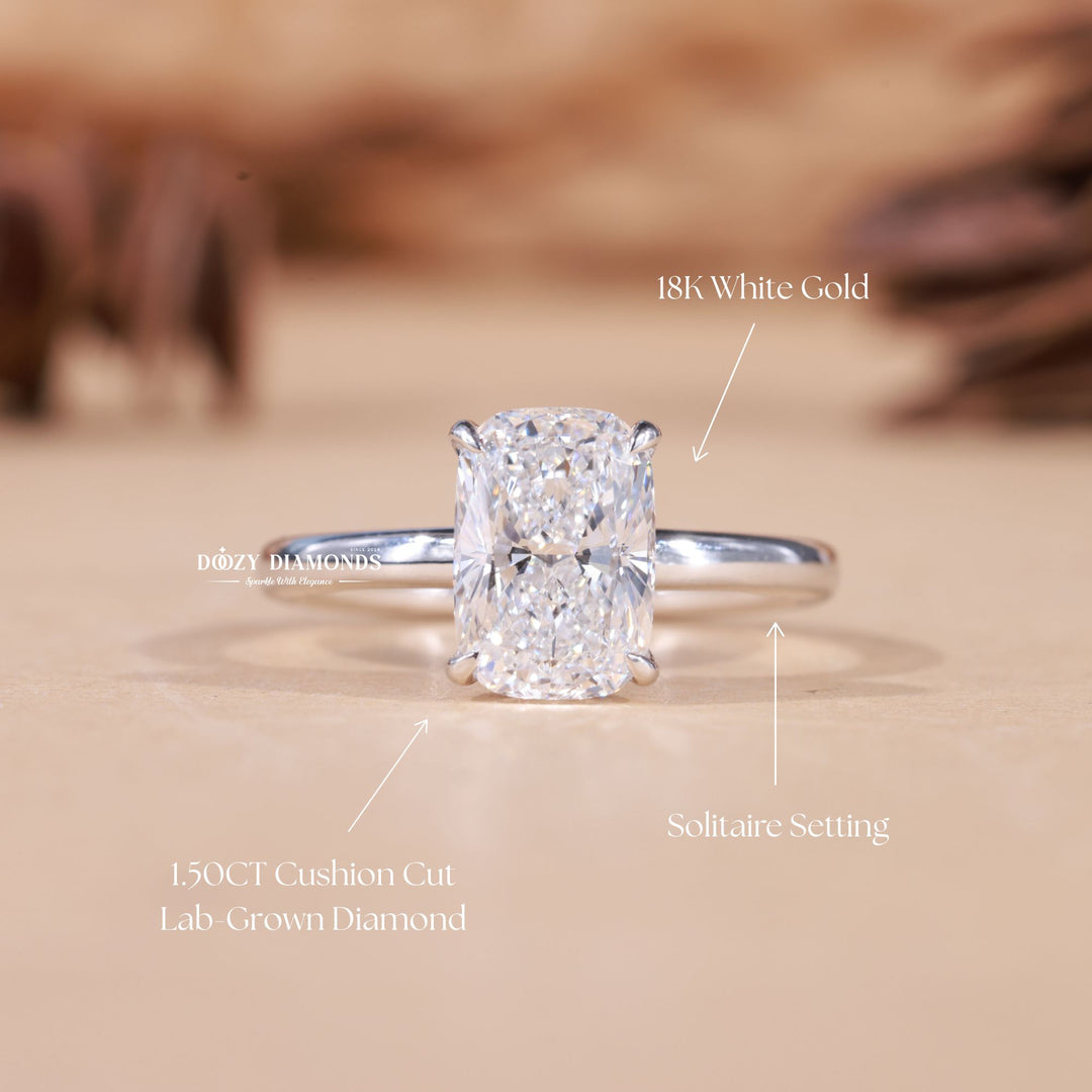 IGI certified cushion cut diamond in hidden halo engagement ring setting