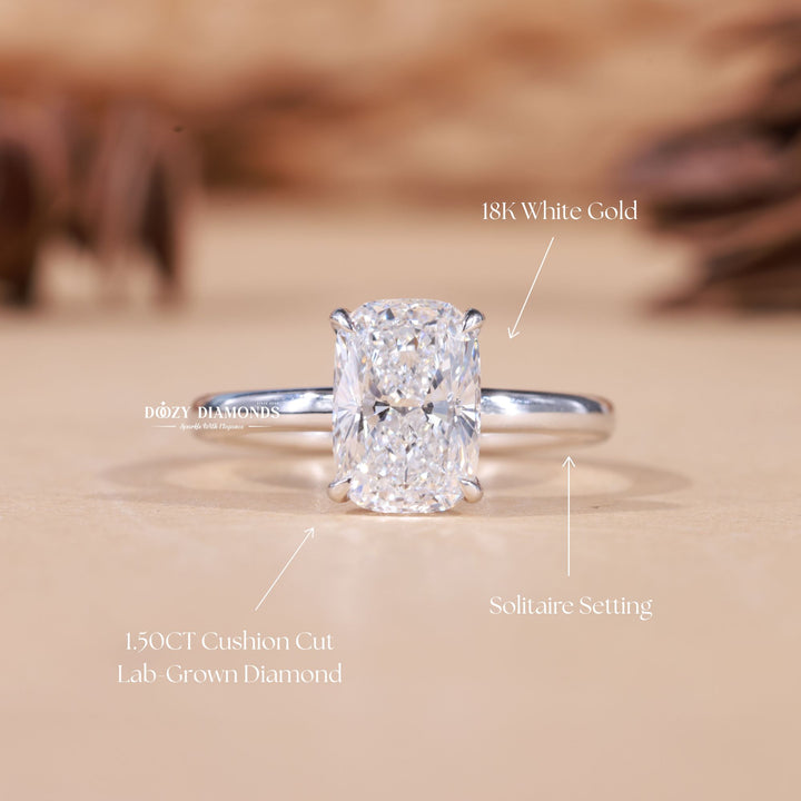 IGI certified cushion cut diamond in hidden halo engagement ring setting