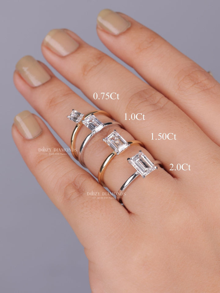 Close-up of emerald cut center diamond in solitaire engagement ring
