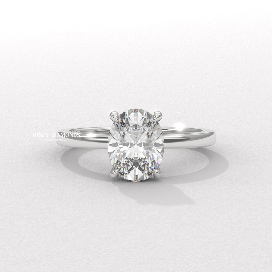 Oval cut engagement ring side view showing band detail