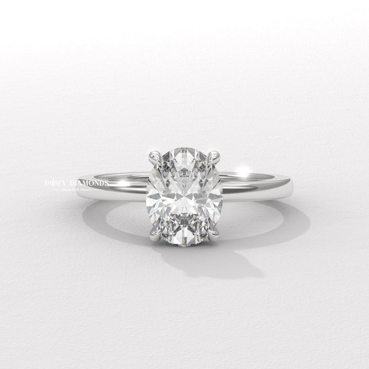 Oval cut engagement ring side view showing band detail