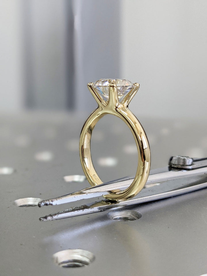 Round solitaire lab grown diamond ring fitted on finger
