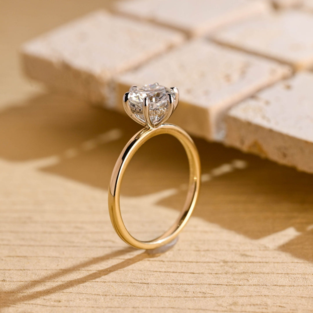 Handcrafted round cut hidden halo lab grown diamond engagement ring