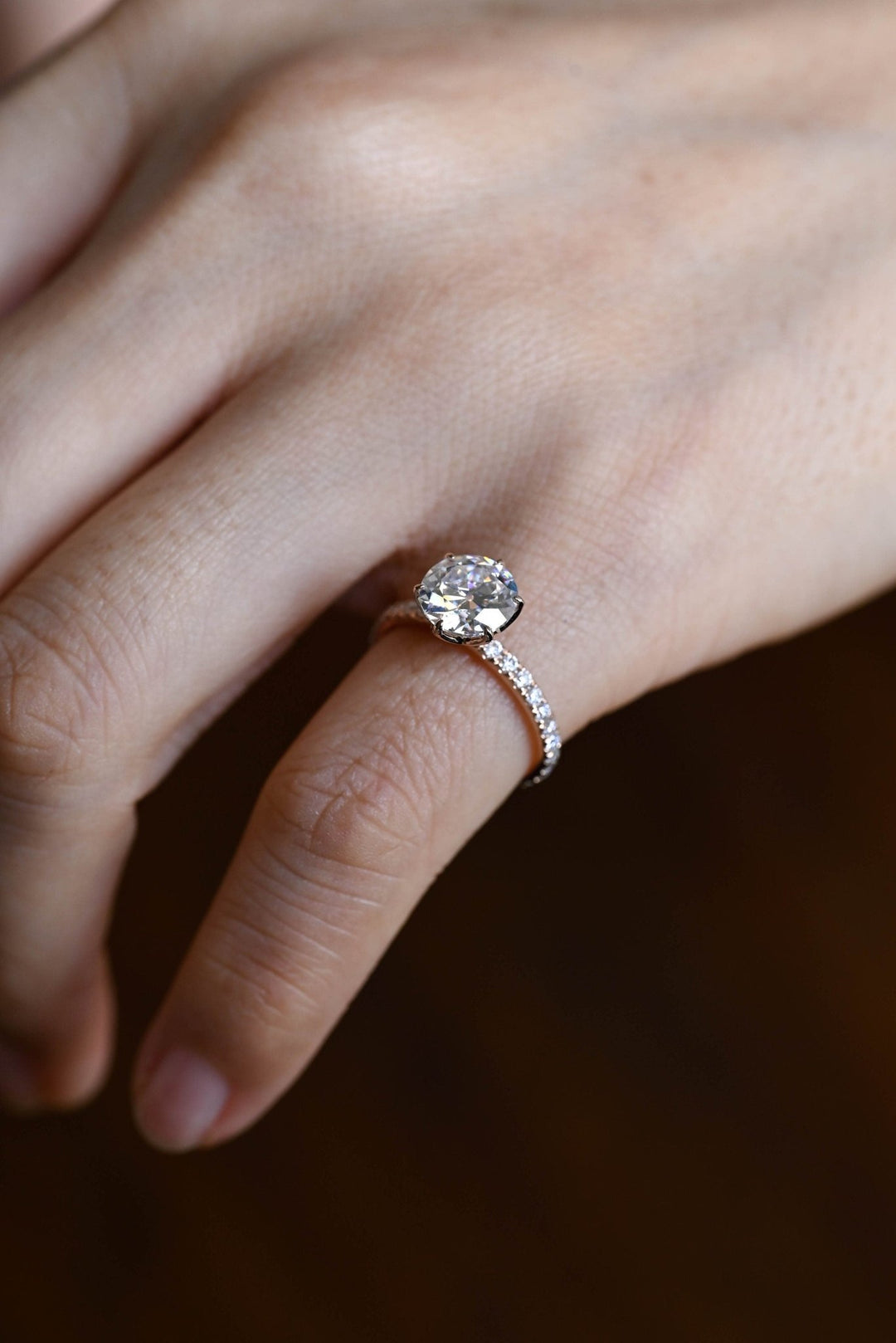 Round pave lab grown diamond ring side profile in gold setting