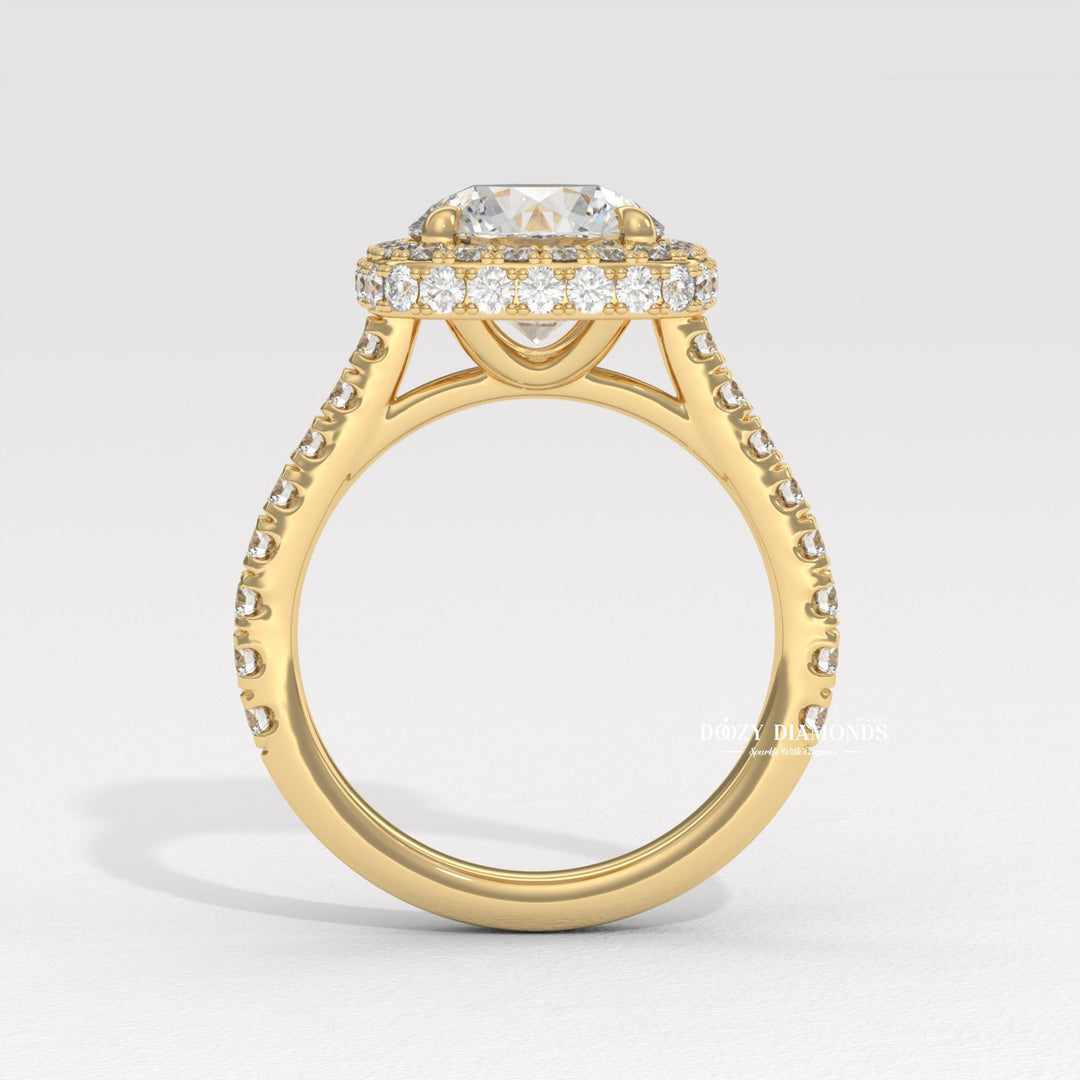 Round halo engagement ring viewed from the side