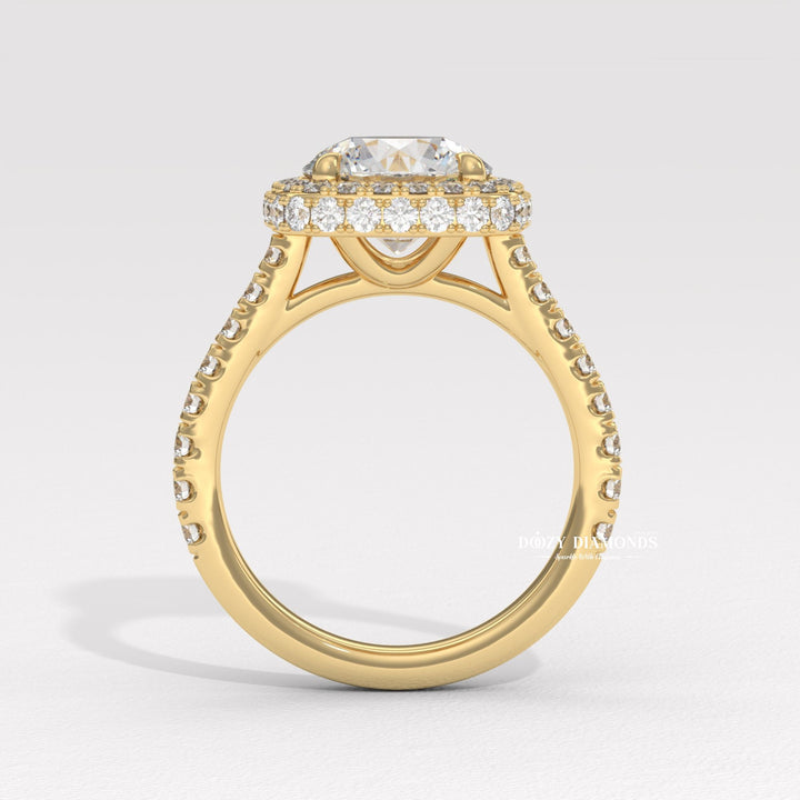 Round halo engagement ring viewed from the side
