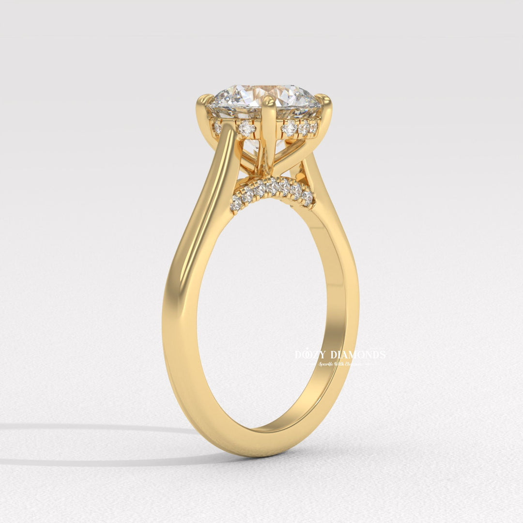 Round hidden halo engagement ring close-up highlighting diamond sparkle