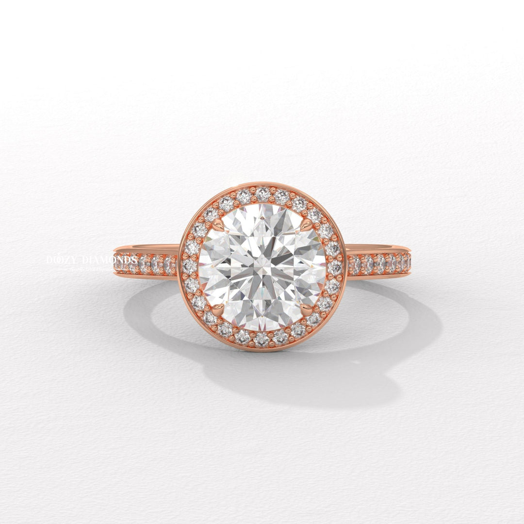 Round pave diamond engagement ring available in multiple metals
