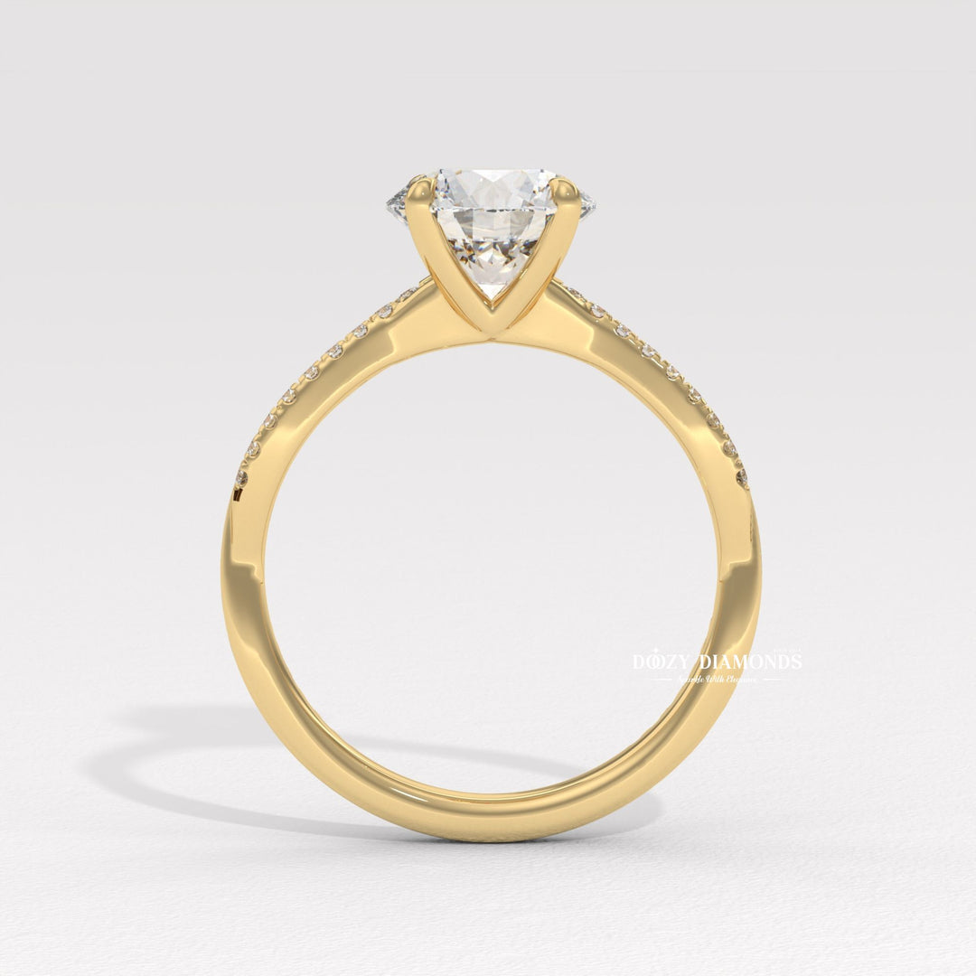 Round solitaire engagement ring shown on hand for true-to-life sizing