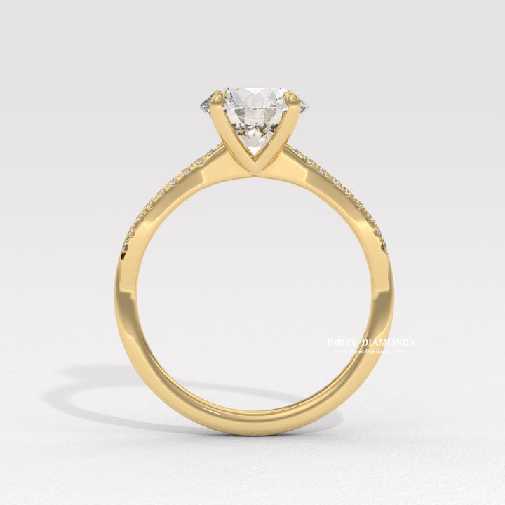 Round solitaire engagement ring shown on hand for true-to-life sizing