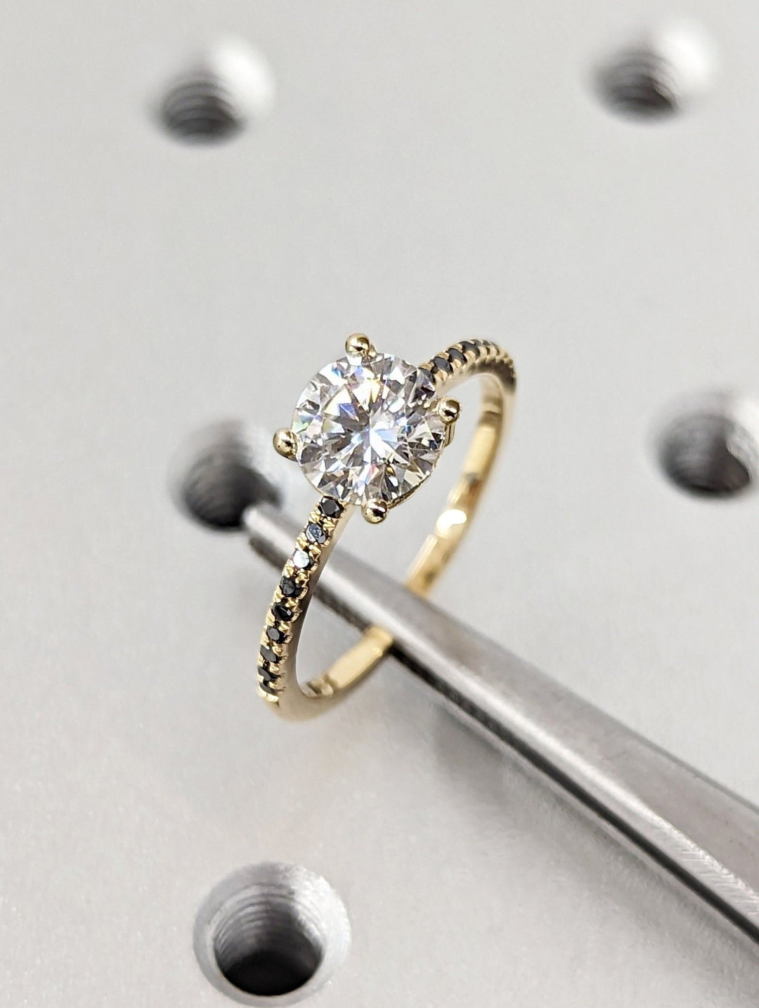 Round pave engagement ring with IGI certificate and packaging