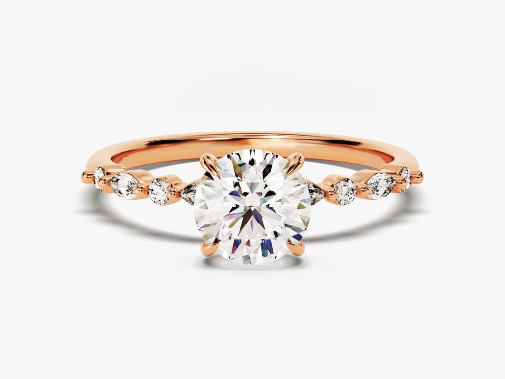 Close-up of round cut center diamond in pave engagement ring