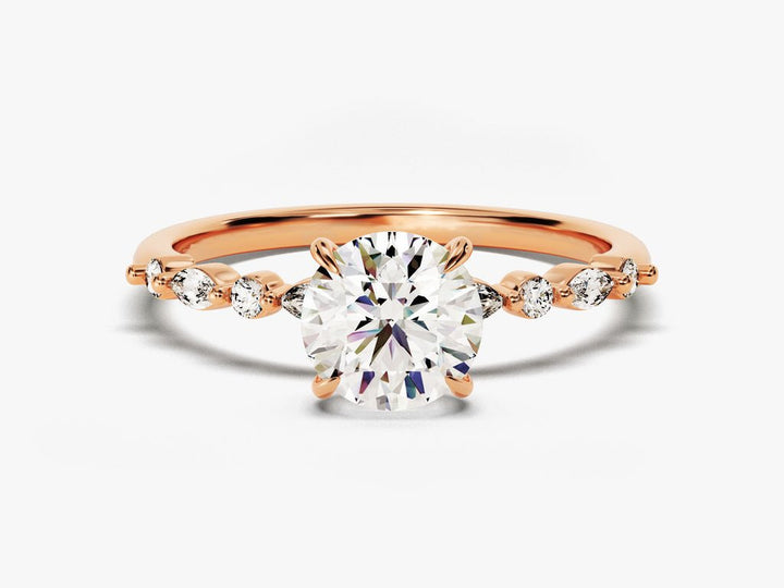 Close-up of round cut center diamond in pave engagement ring