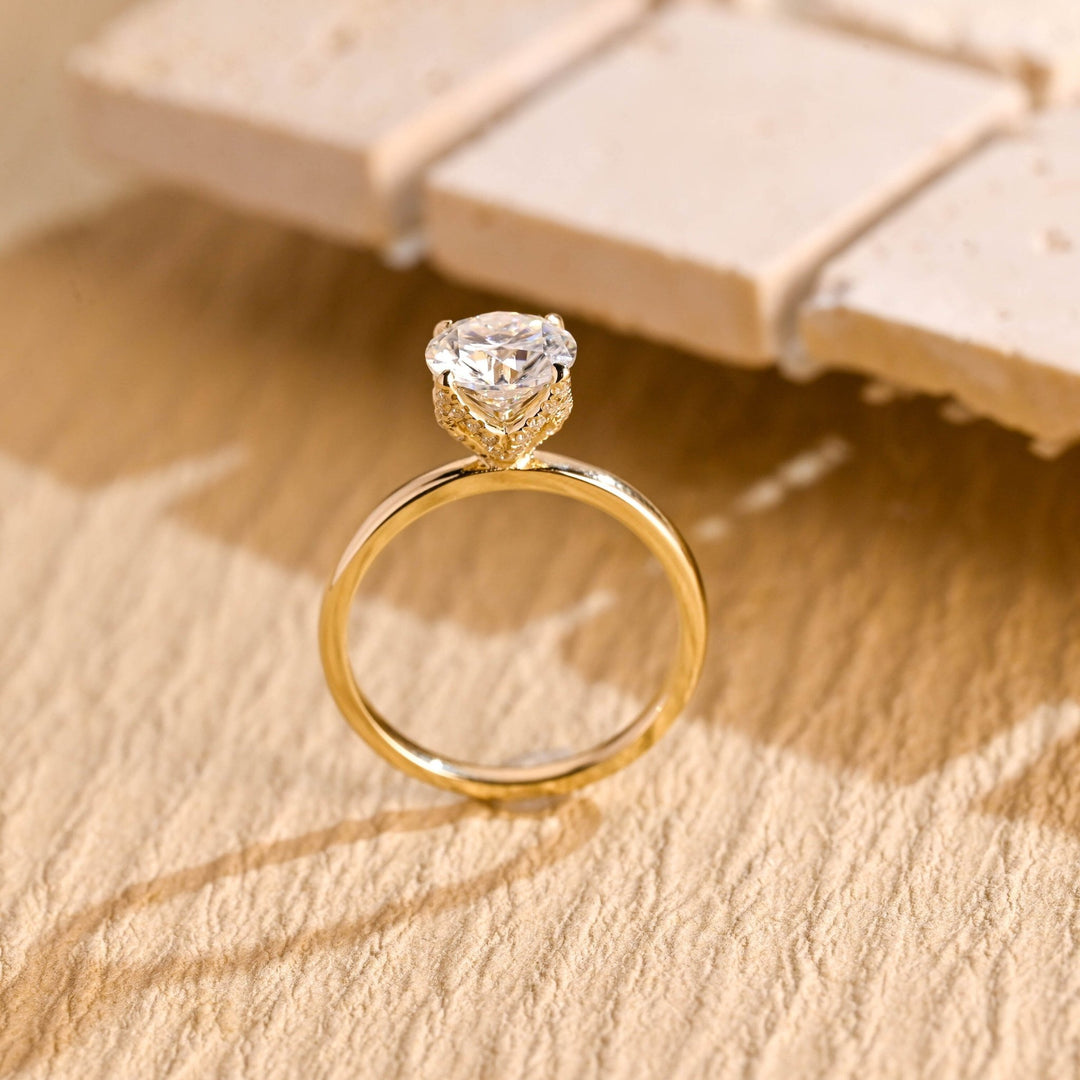 Round hidden halo engagement ring with IGI certificate and packaging