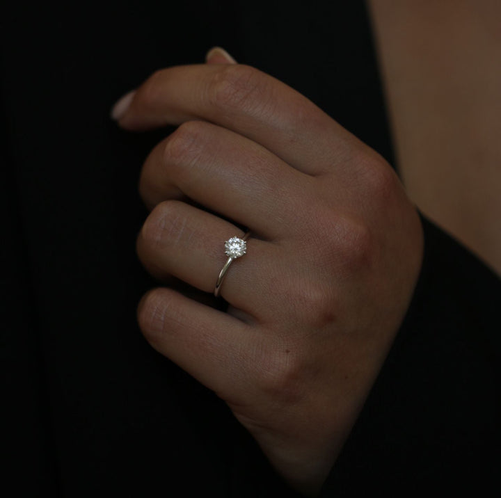Unboxing view of round cut solitaire diamond engagement ring