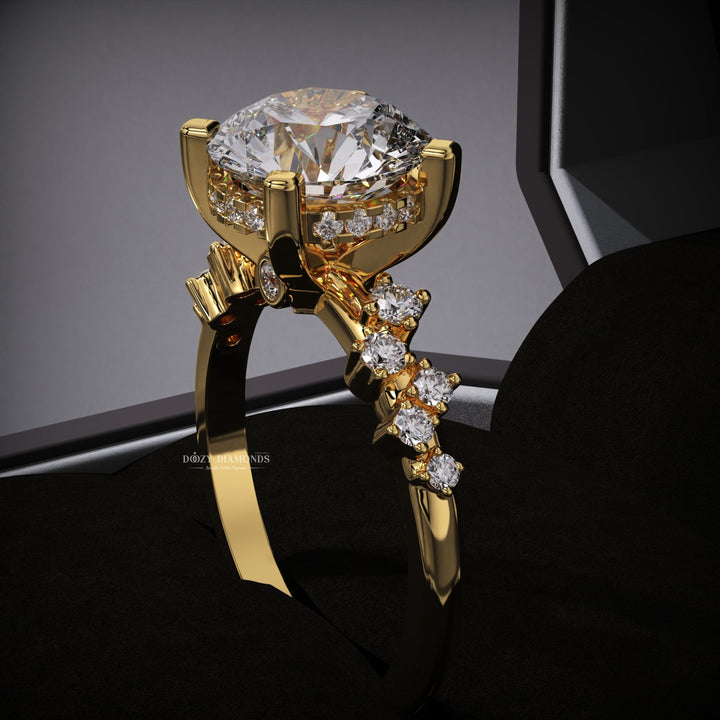 Unboxing view of round cut solitaire diamond engagement ring