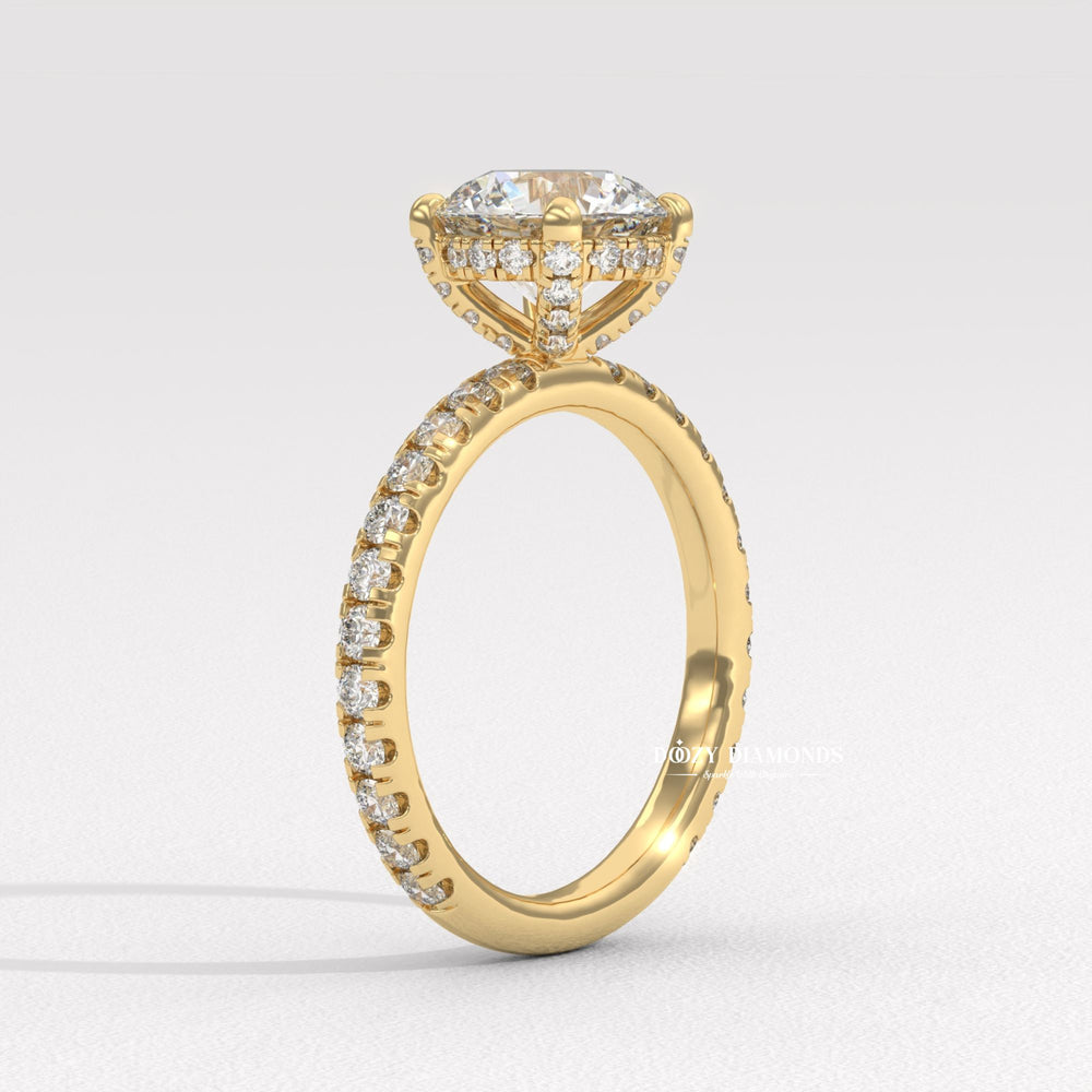 Premium round cut hidden halo engagement ring crafted in solid gold