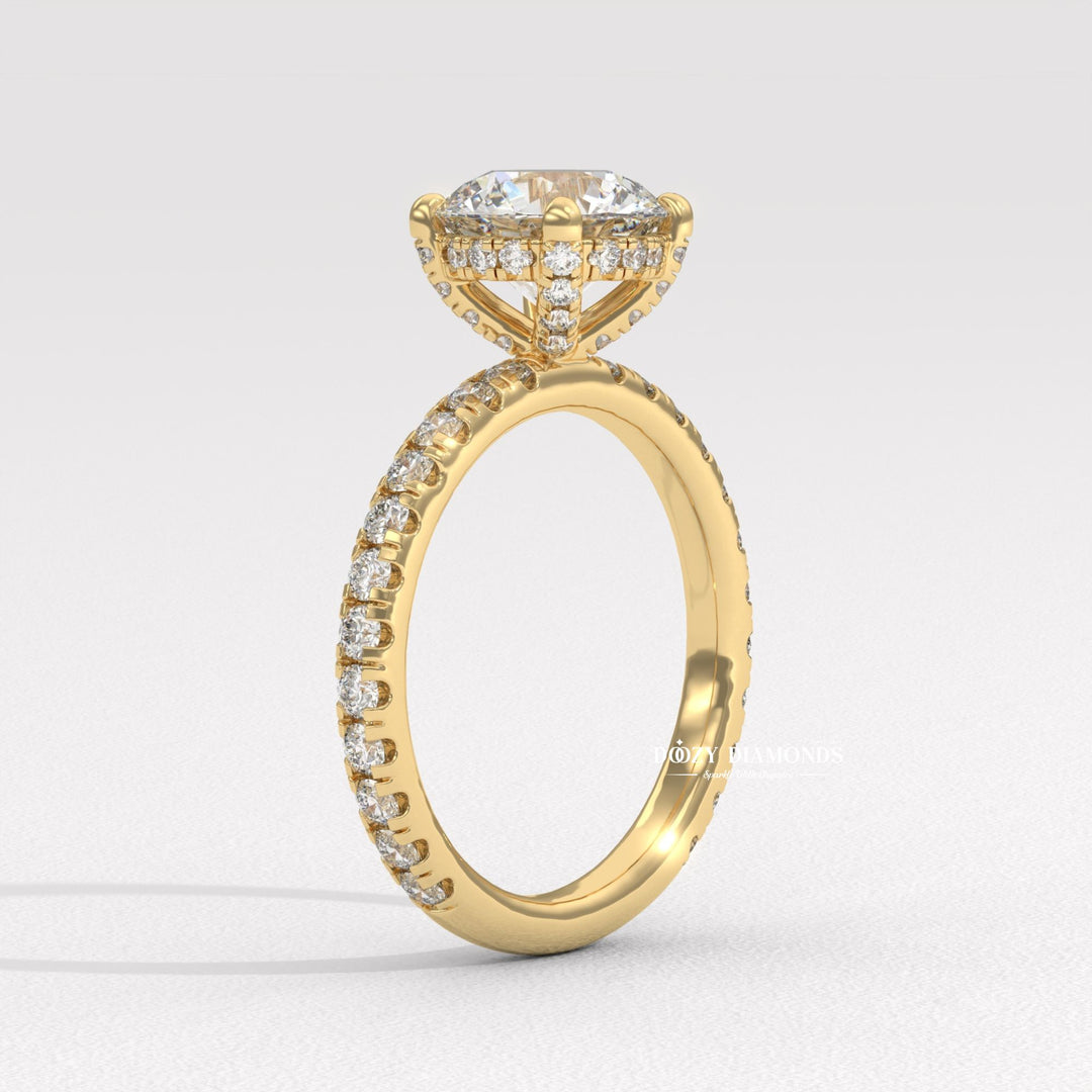 Premium round cut hidden halo engagement ring crafted in solid gold