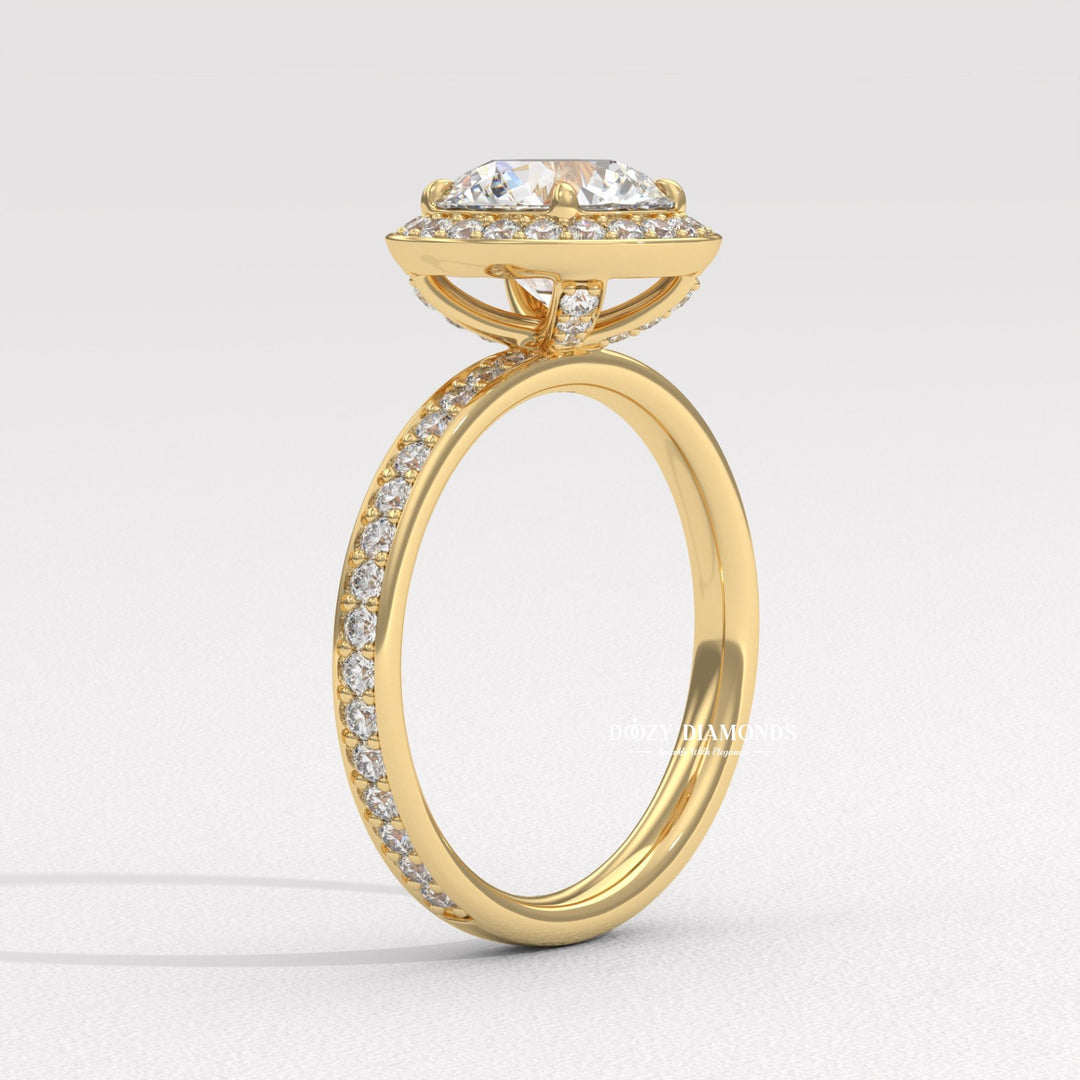 Top-down view of round cut halo engagement ring