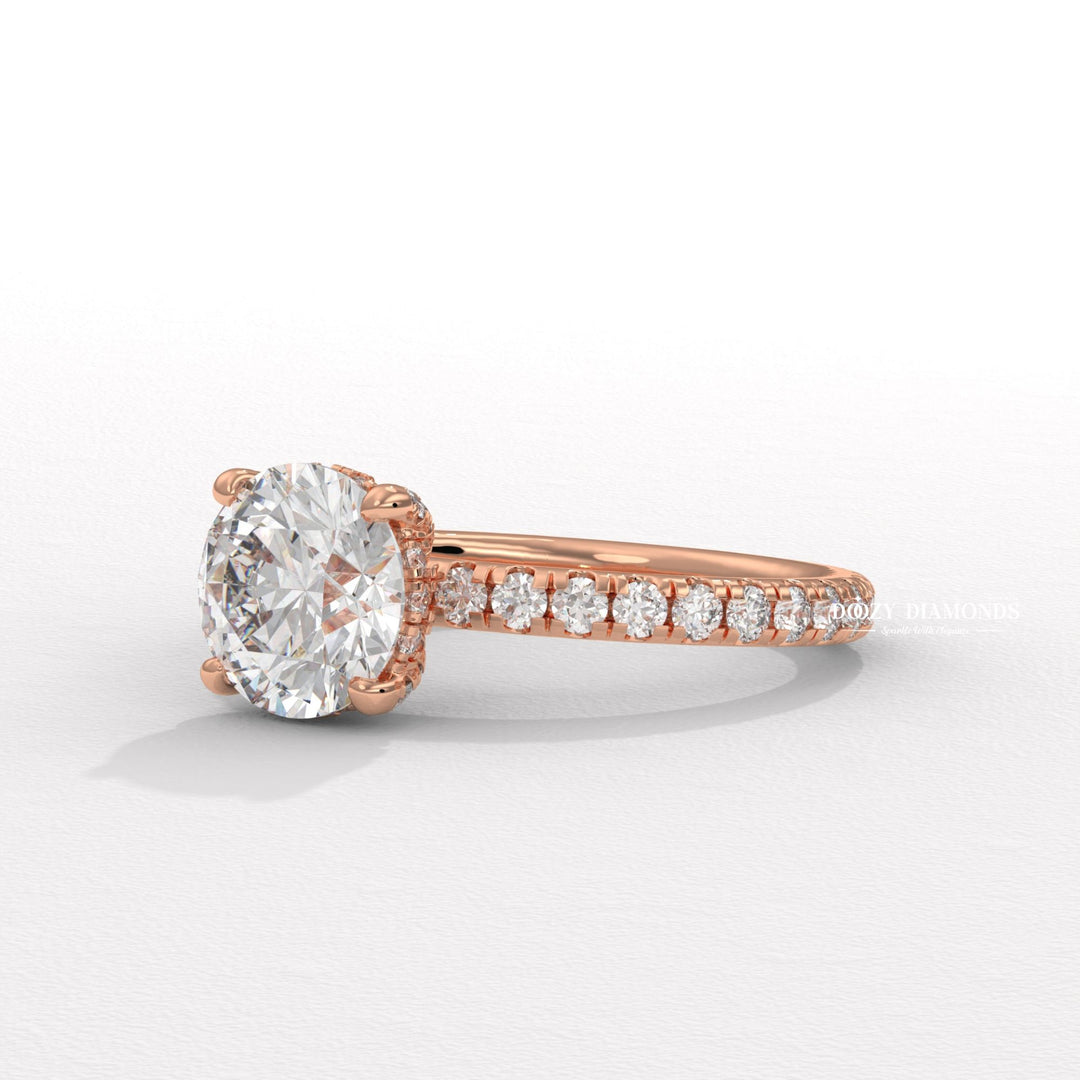 Top-down view of round cut hidden halo engagement ring