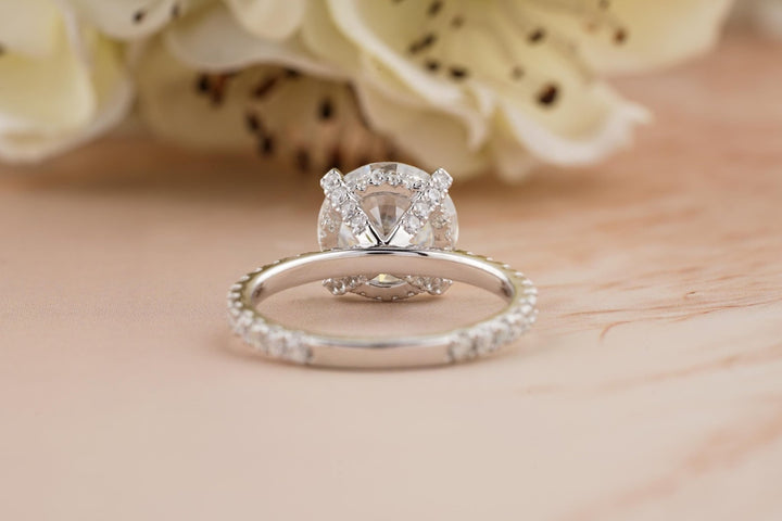 Round hidden halo lab grown diamond ring side profile in gold setting