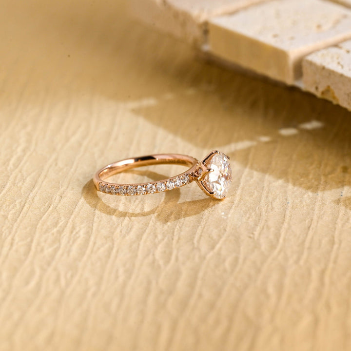 Round pave engagement ring close-up showing high clarity diamond clarity