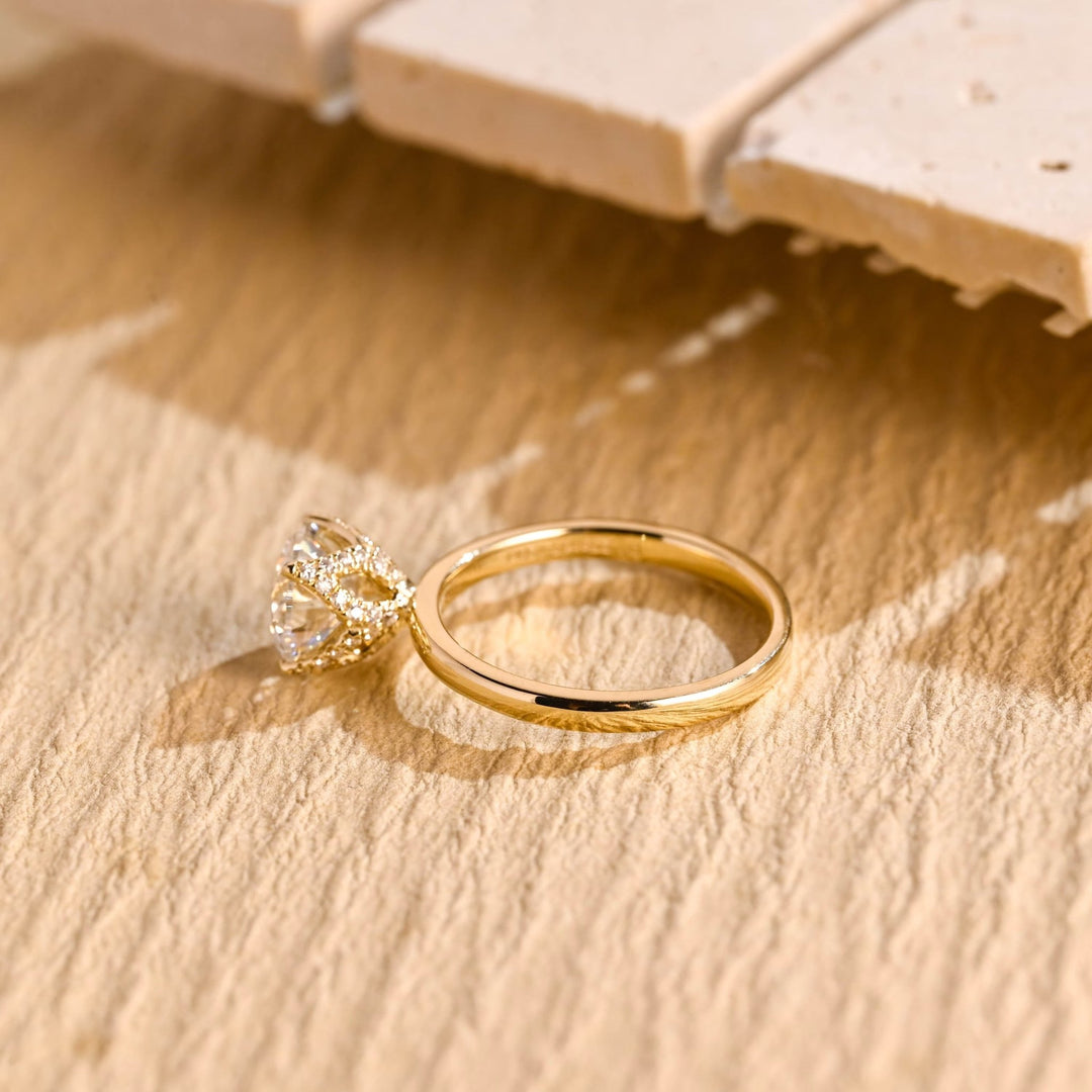 Round hidden halo lab grown diamond ring in jewelry gift box