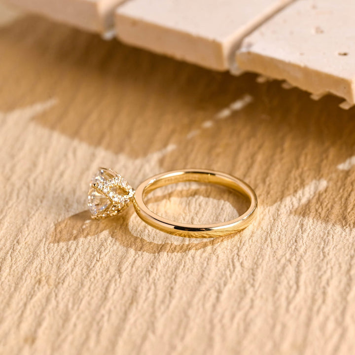 Round hidden halo lab grown diamond ring in jewelry gift box