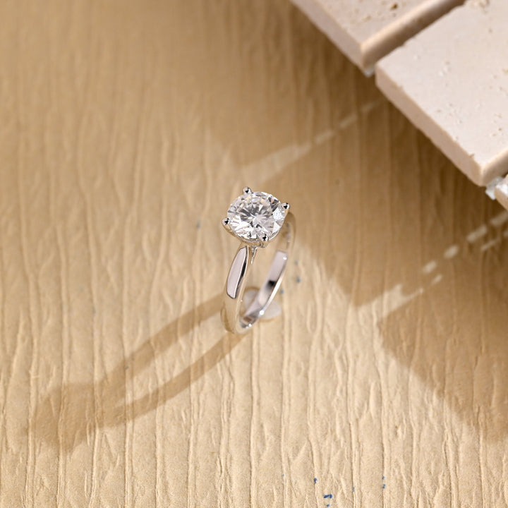 Top-down view of round cut solitaire engagement ring