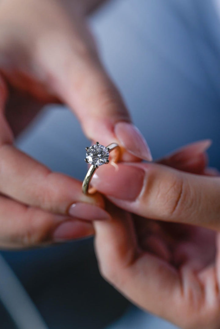 Round solitaire lab grown diamond ring in jewelry gift box