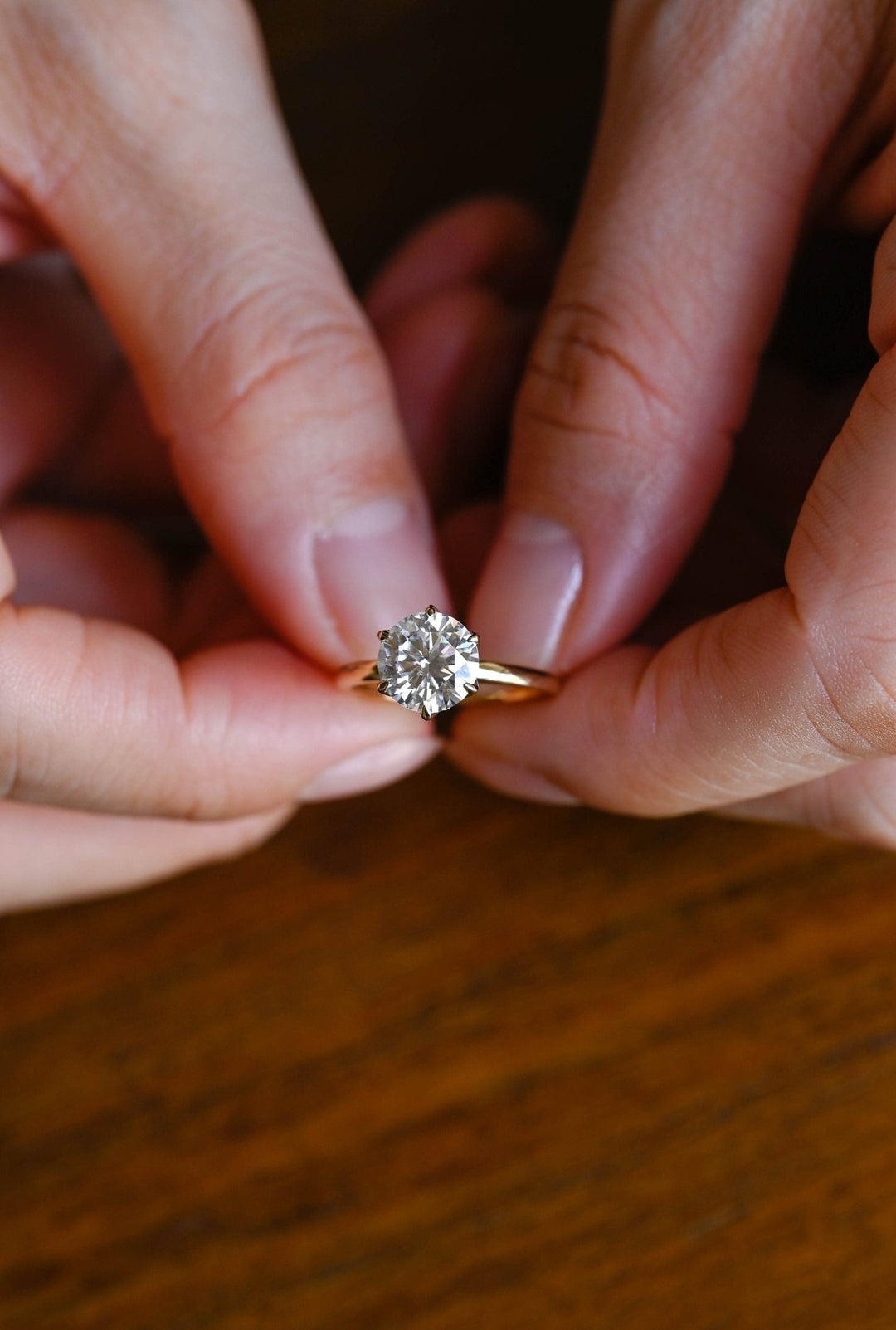 Round solitaire lab grown diamond ring fitted on finger