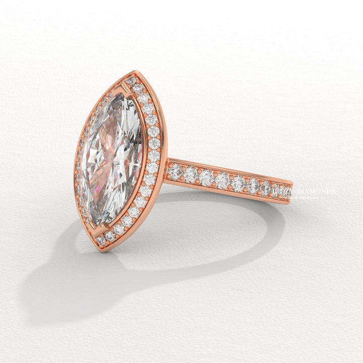 Handcrafted marquise cut halo lab grown diamond engagement ring
