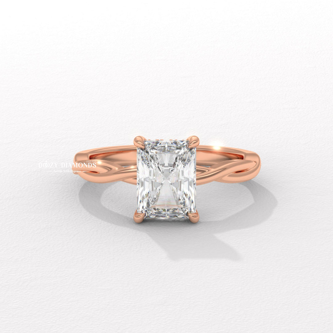 Top-down view of radiant cut solitaire engagement ring