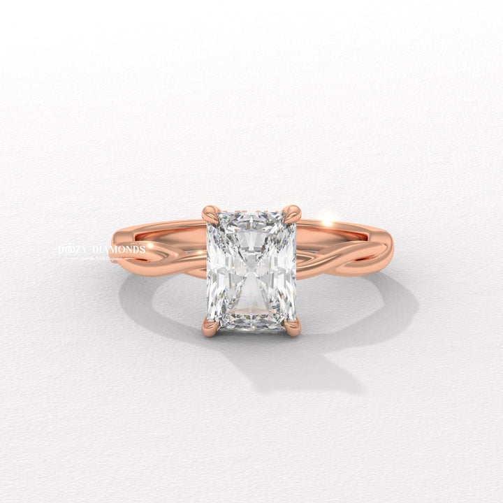 Top-down view of radiant cut solitaire engagement ring