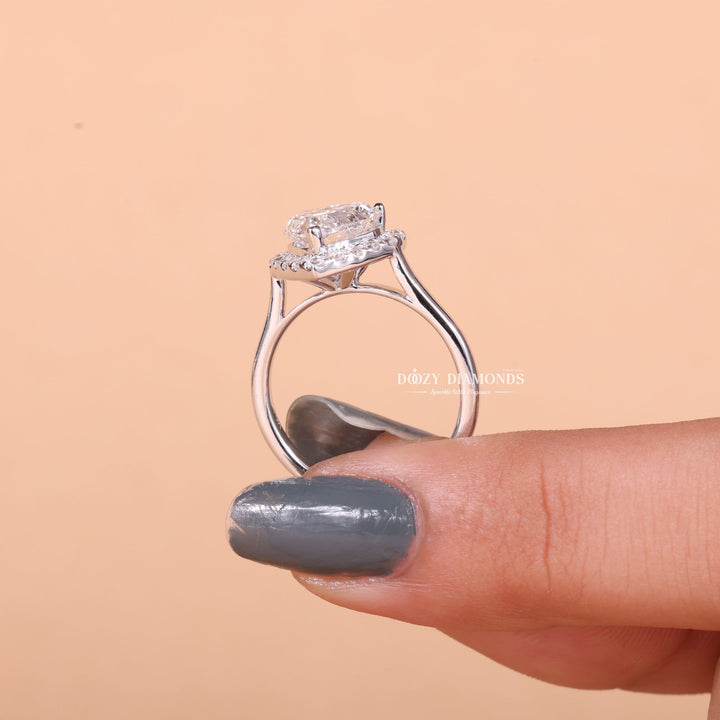 IGI certified heart cut diamond in halo engagement ring setting