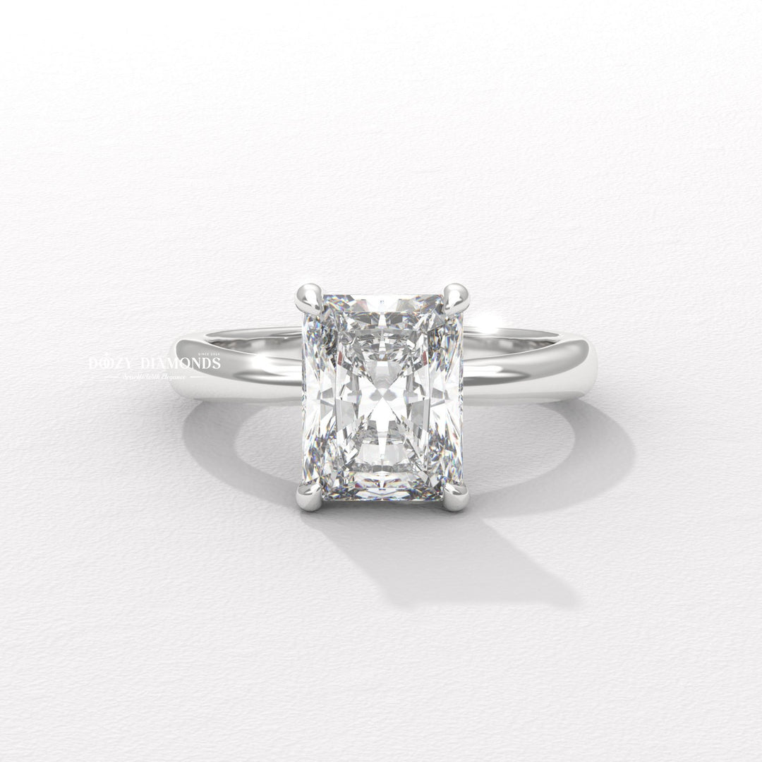 Radiant cut engagement ring side view showing band detail